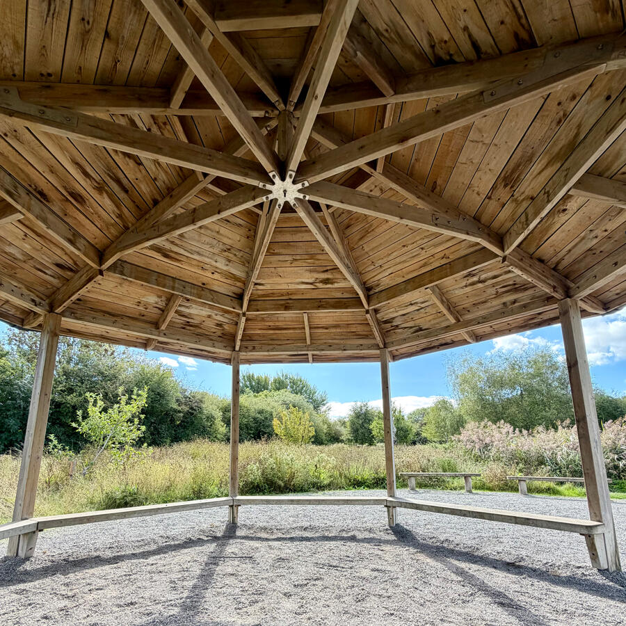 View looking outwards from underneath a wooden shelter